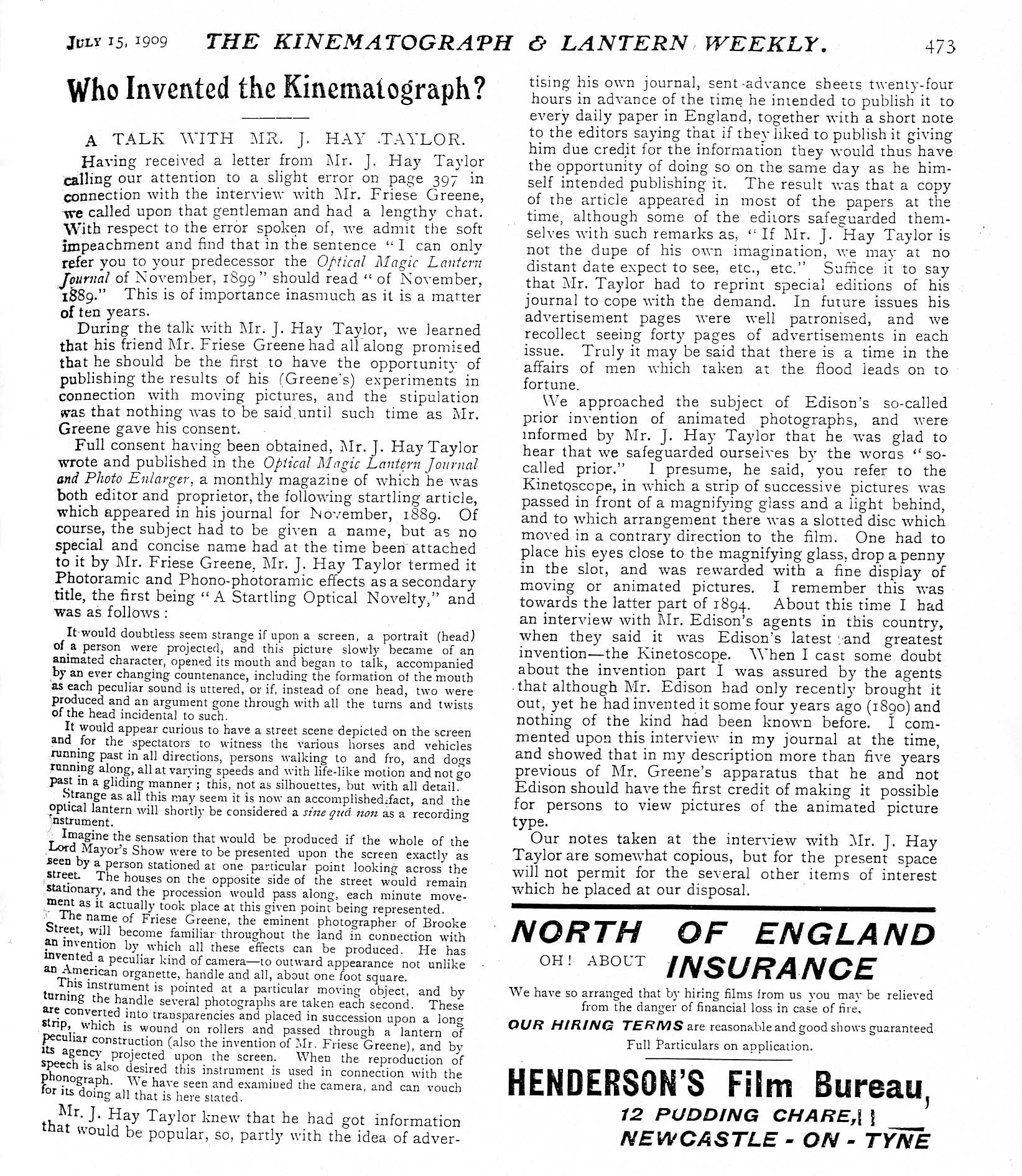 The Kinematograph and Lantern Weekly Jul 15 1909 ‘Who Invented the Kinematograph"